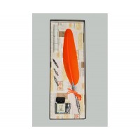 Письменный Набор для каллиграфии 7227- оранжевое перо,  4 "пера", ажурный держатель, чернильница-подставка для пера,
