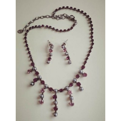 Набор украшений нежный, серьги  и ожерелье, фиолетовые камни и серый жемчуг