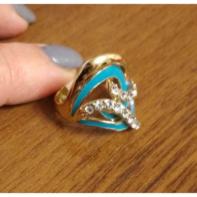 Кольцо с голубой эмалью и камнями, размер 17 
