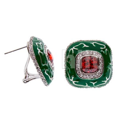 Серьги  с зеленой эмалью и красными  и белыми камнями Swarovski, ювелирная бижутерия Blue Dolphin - Е64140