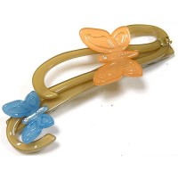 Заколка для волос "Автомат", Французский пластик, Акцент, Франция, A325-L2, яркая летне-весенняя  темно-бежевая с бежевыми и голубыми бабочками